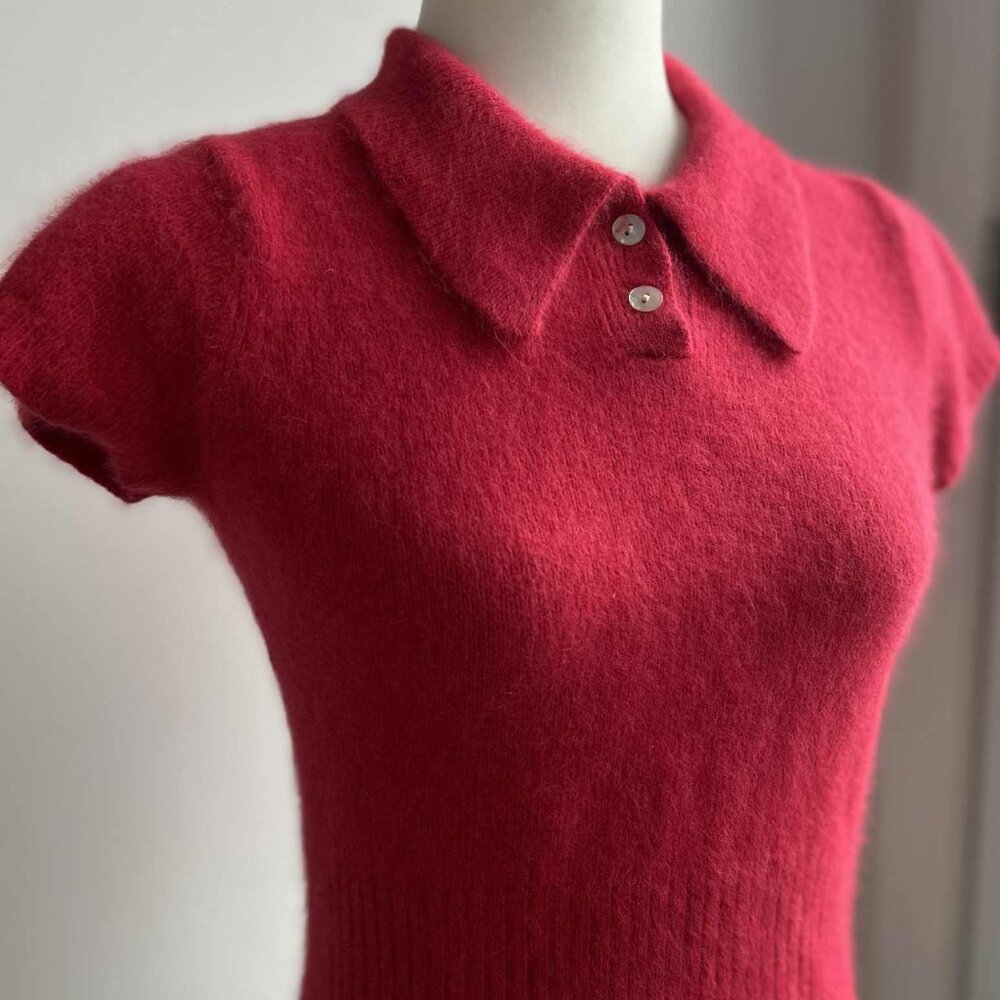Vintage Limited Cerise Angora Knit Top with Short Sleeves & Ribbed Waist – US XS